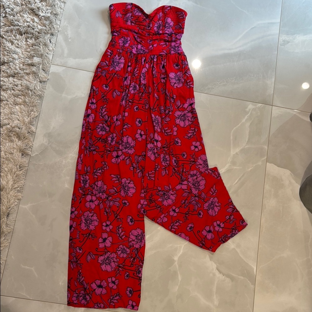 Red and Purple Floral Strapless Jumpsuit with Sweetheart Neckline